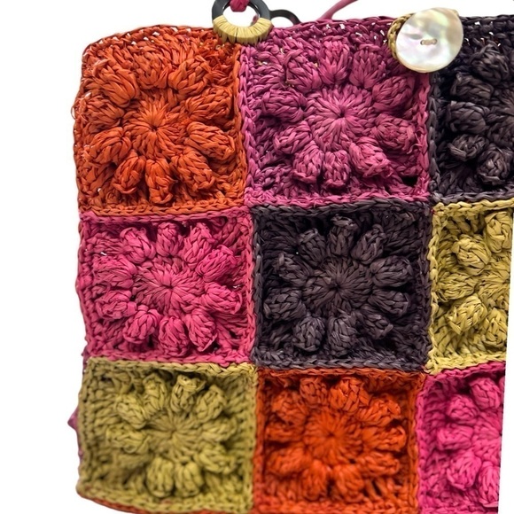 Annabel Ingall Raffia Shoulder Bag Tote Button Crochet Patchwork Colorful - Picture 4 of 9